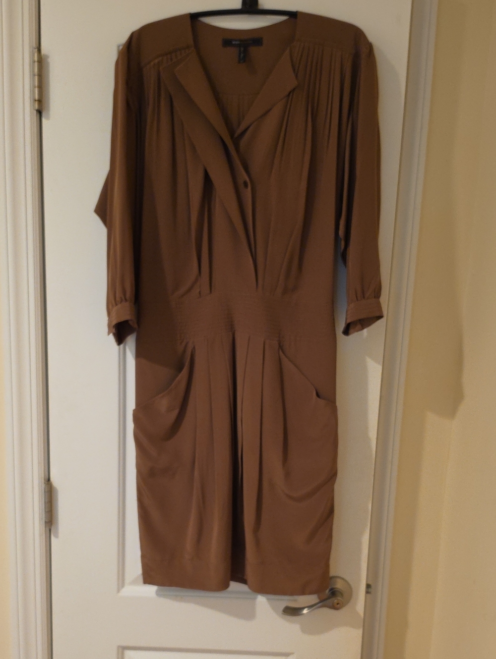 BCBGMaxAzria Brown Pleated V-Neck Midi Dress